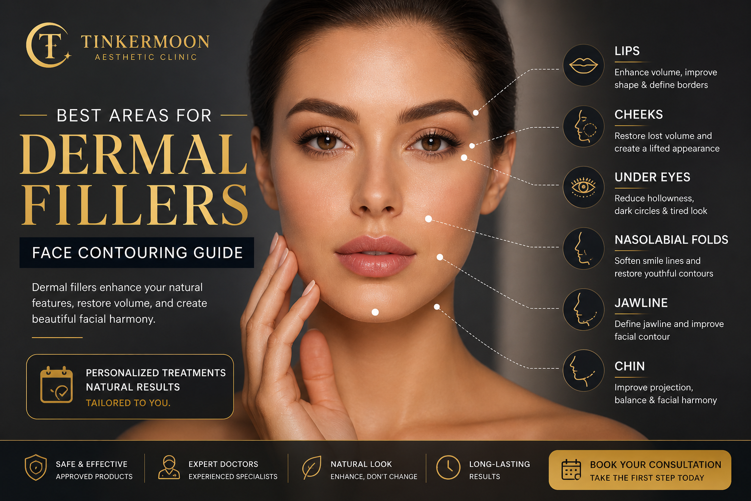 Dermal fillers treatment areas on face lips cheeks jawline Dubai