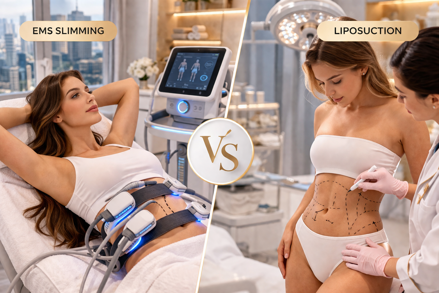 EMS Slimming vs Liposuction comparison treatment in Dubai clinic