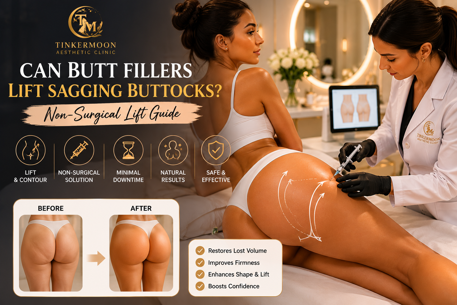 Woman receiving non-surgical butt lift consultation with fillers in Dubai clinic