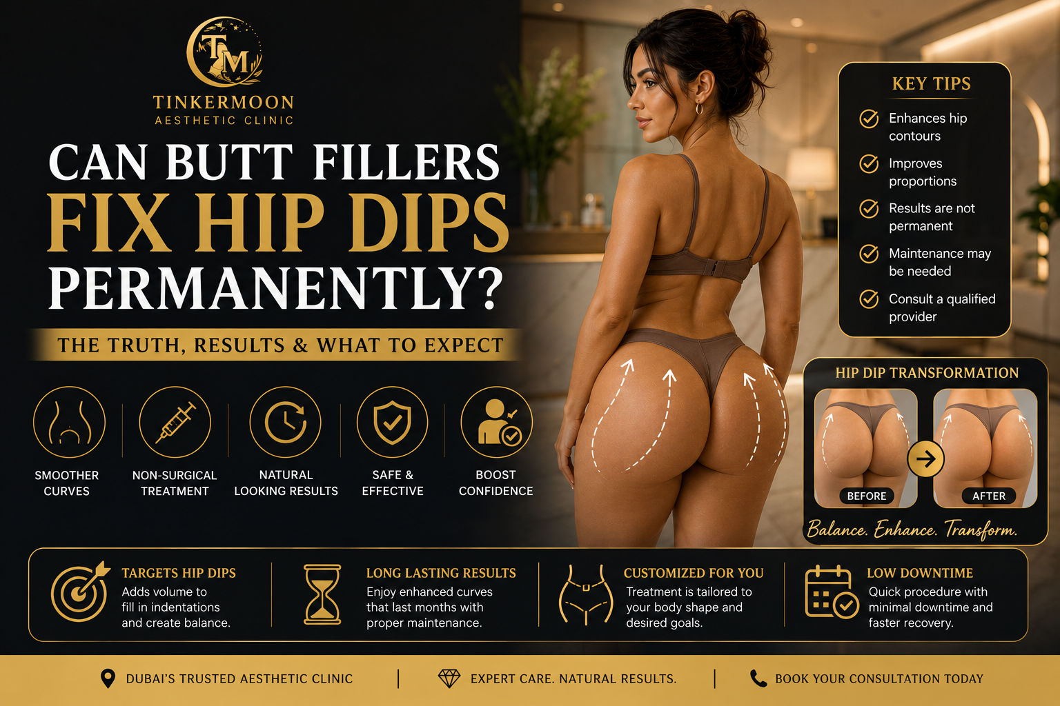 Woman showing hip dip contour improvement with butt fillers in Dubai clinic