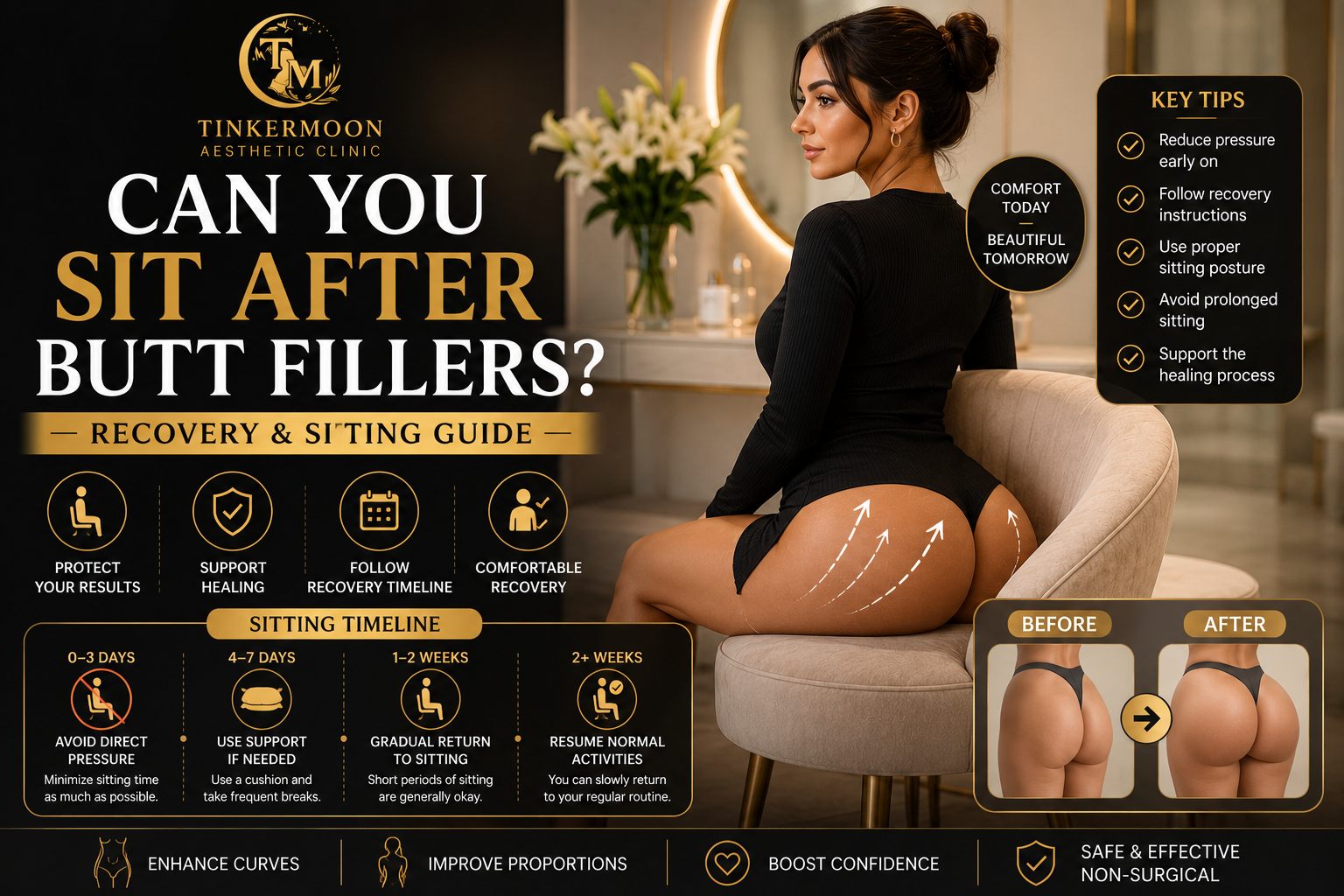 Woman following proper sitting posture after butt fillers treatment in Dubai