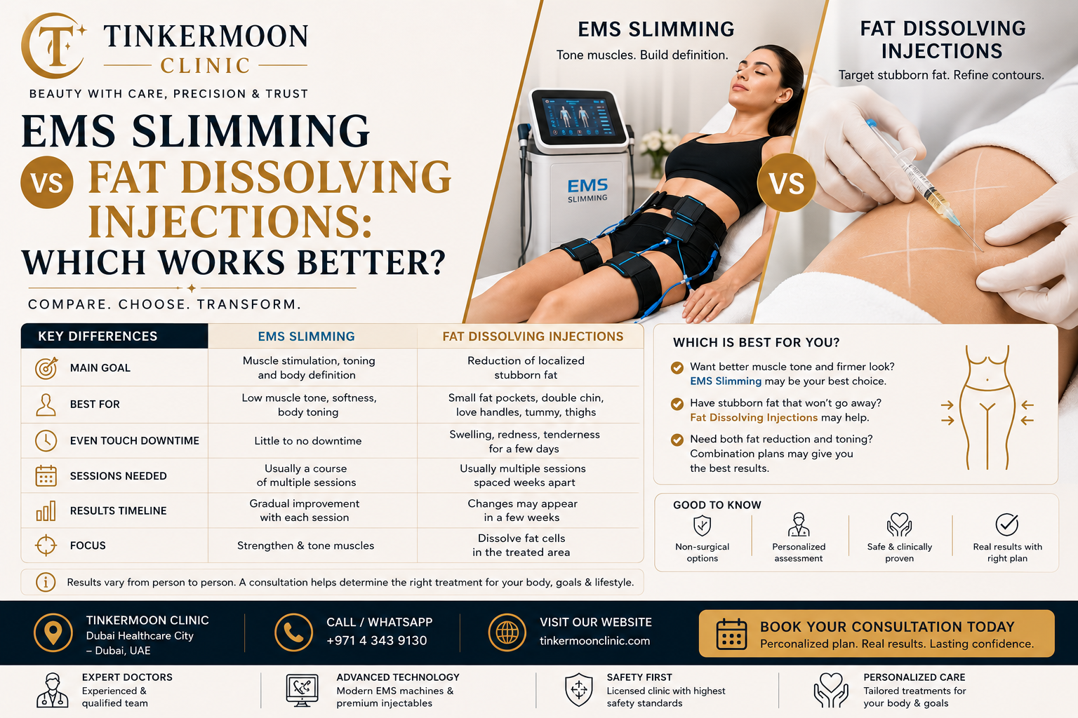 EMS slimming vs fat dissolving injections comparison in Dubai by Tinkermoon Clinic