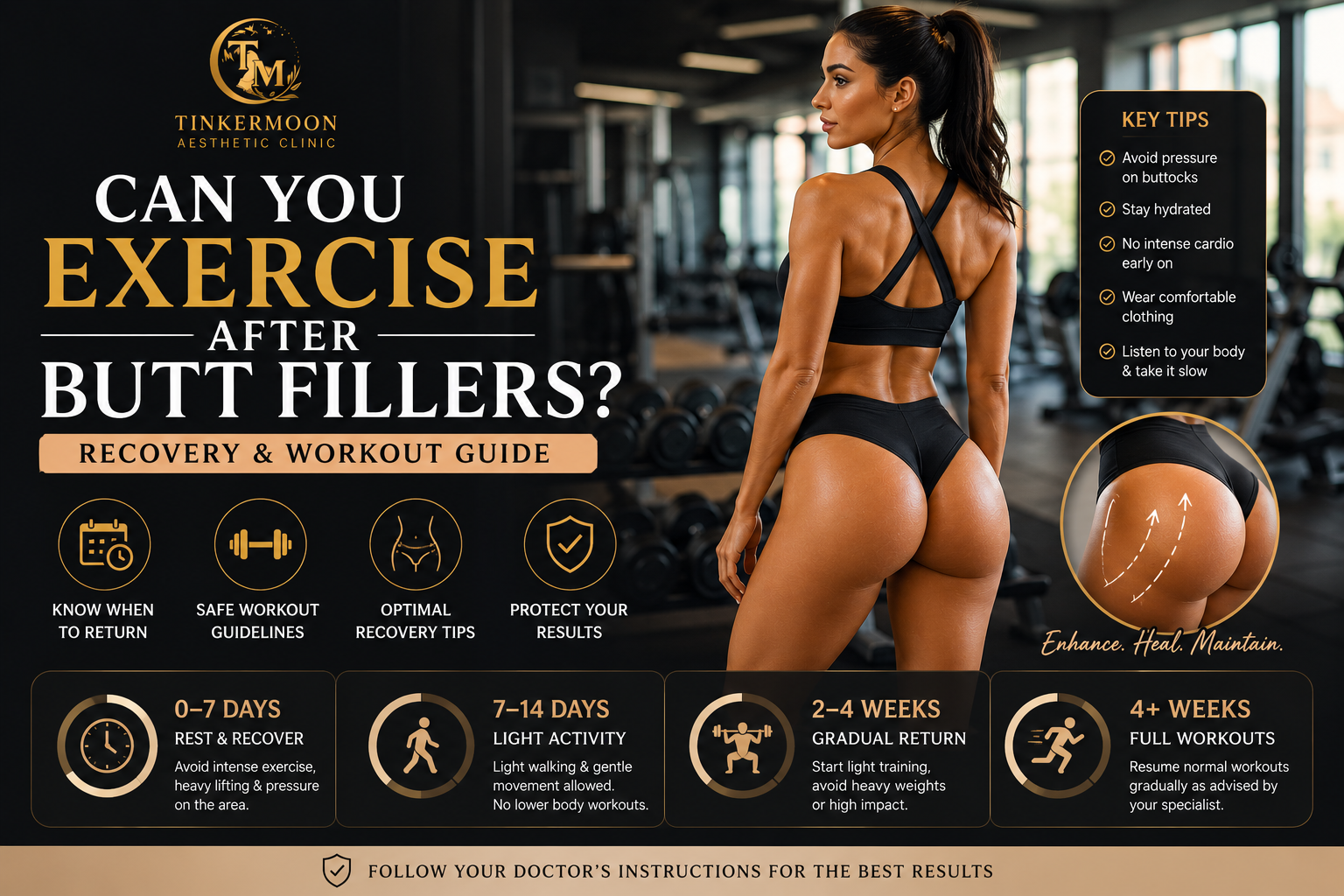 Woman returning to gym workouts after butt fillers recovery in Dubai