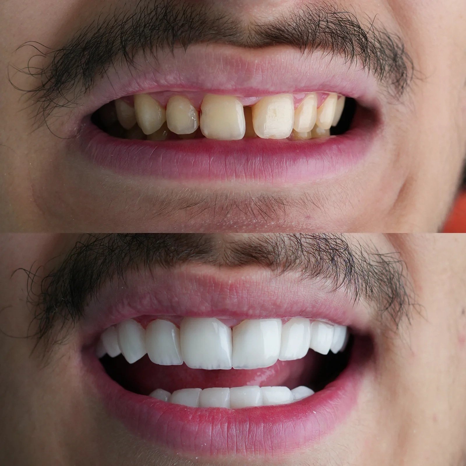 Before and after comparison for dental cleaning candidates showing stained teeth transformed to a brighter, healthier smile at Tinkermoon Clinic Dubai.
