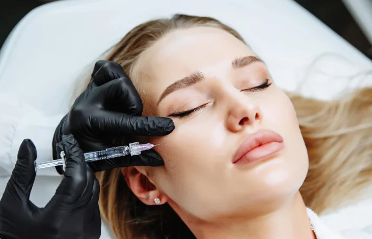 Practitioner administering dermal filler injection in the cheek area
