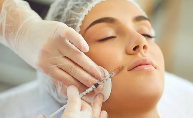 Practitioner administering dermal filler injection along the nasolabial fold