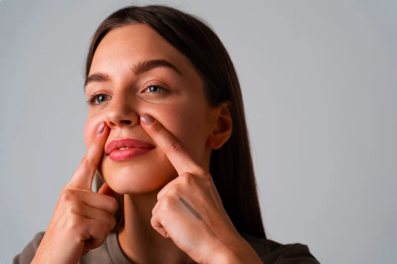 Woman with a naturally proportioned nose in side profile
