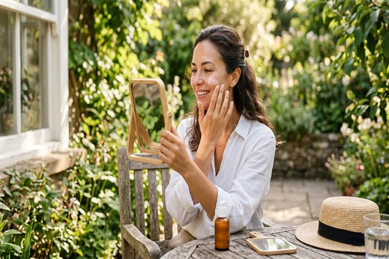 applying sunscreen to protect her face from sun damage
