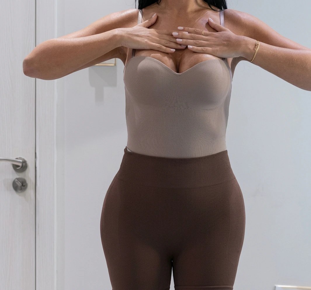 Woman showcasing natural breast filler contour results in a clinical setting at Tinkermoon Clinic Dubai