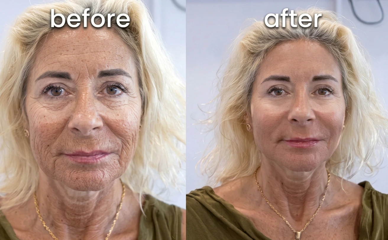 Before and after comparison of a facelift procedure showing reduced wrinkles and lifted jawline at Tinkermoon Clinic Dubai