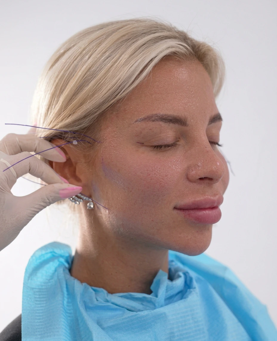 Close-up of a non-surgical thread lift procedure showing placement of lifting threads along the jawline at Tinkermoon Clinic Dubai
