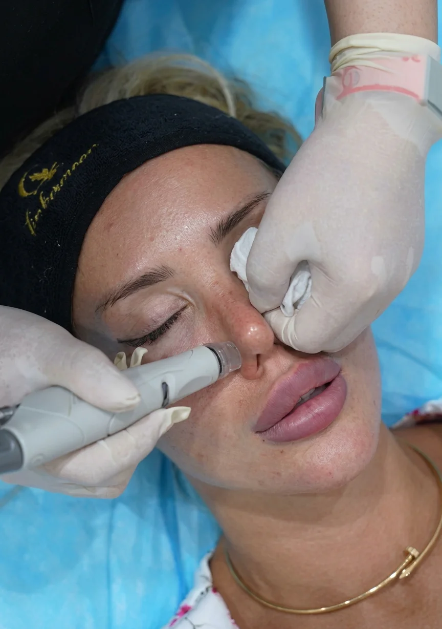 Close-up of HydraFacial wand cleansing and infusion during the procedure at Tinkermoon Clinic Dubai